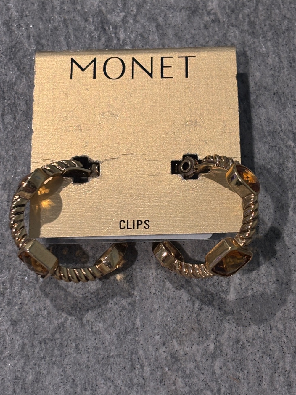 Monet GoldTone Clip-on Hoop Earrings citrine-colored yellow stones 1.25”
